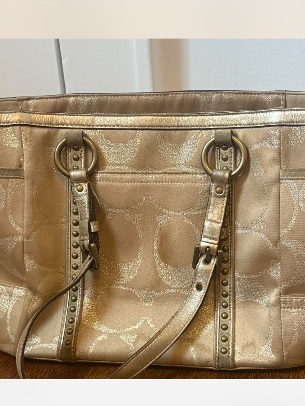 Coach Metallic Gold Signature Tote with Studded Strap Accents